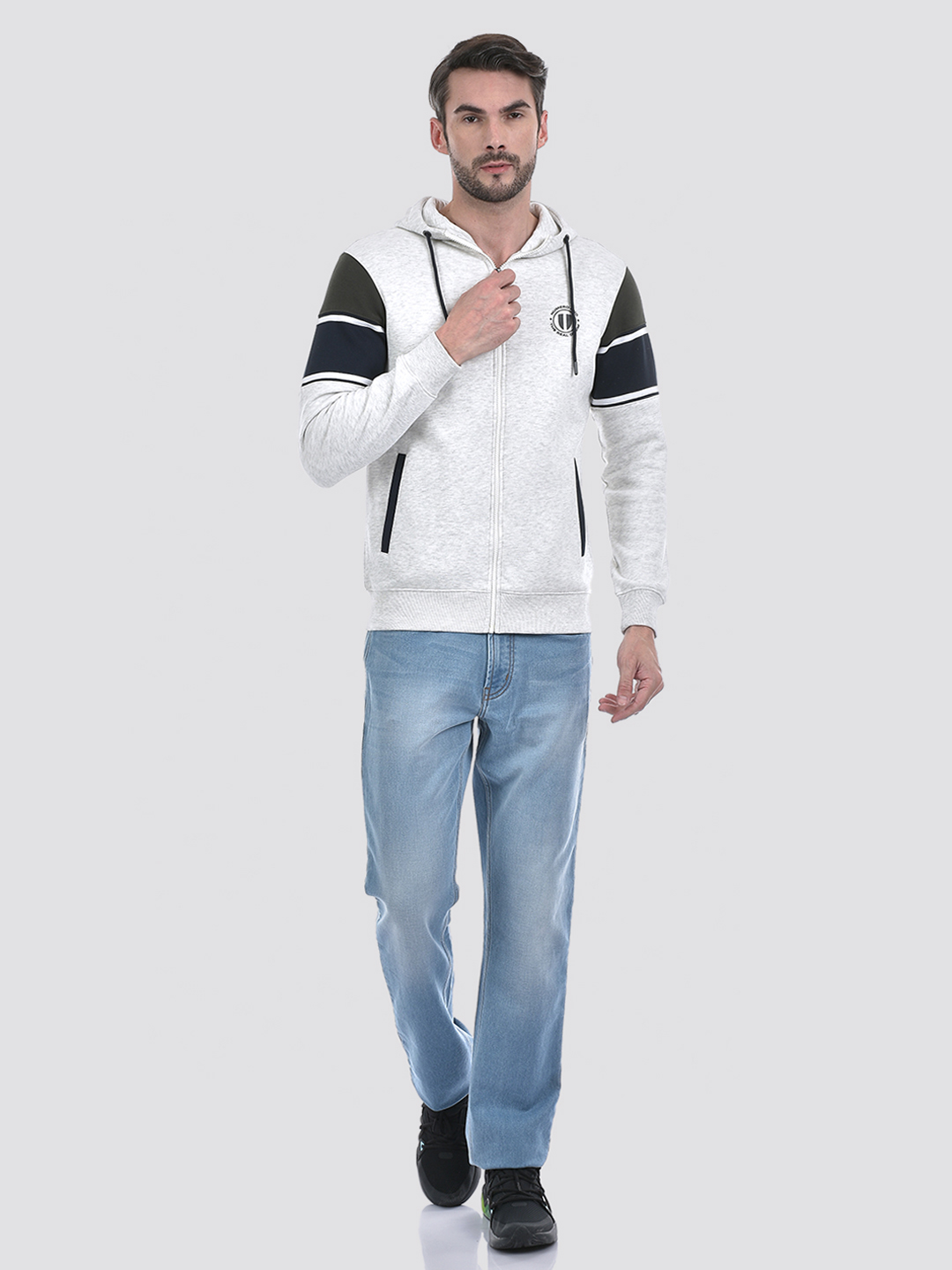 Numero Uno Men Grey Color Block Hooded Neck Brushed Fleece Sweatshirt